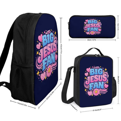 Big Jesus Fan 3 PCS Christian Backpack Set (Backpack, Lunch Bag and Pencil Case) - ClaimedbyGodDesigns