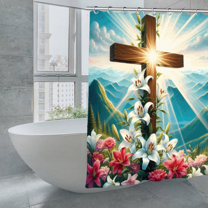 Flowered Cross Christian Waterproof Shower Curtain