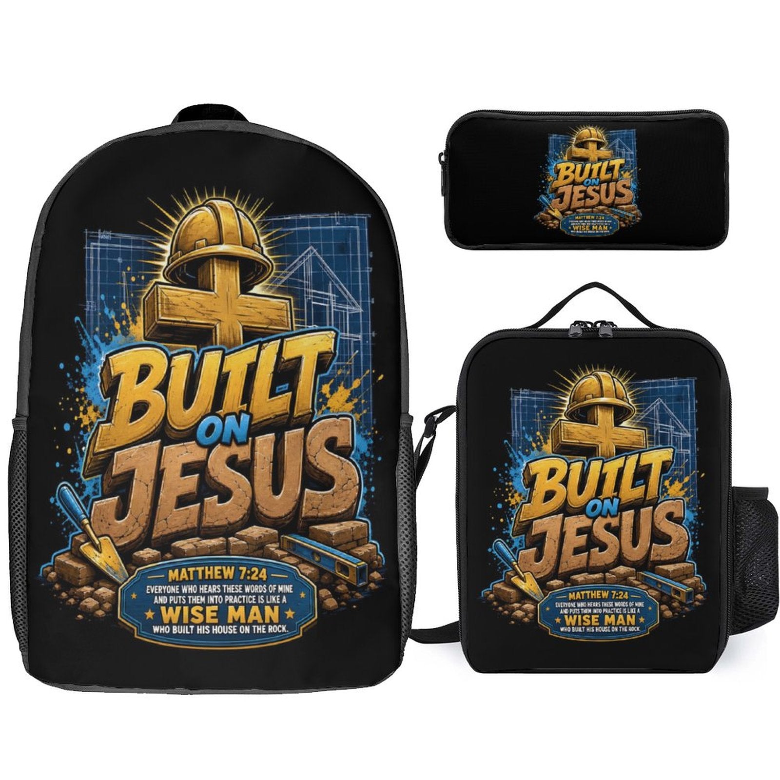 Built On Jesus Christian 3 PCS Bag Set (Backpack, Lunch Bag and Pencil Case) - ClaimedbyGodDesigns