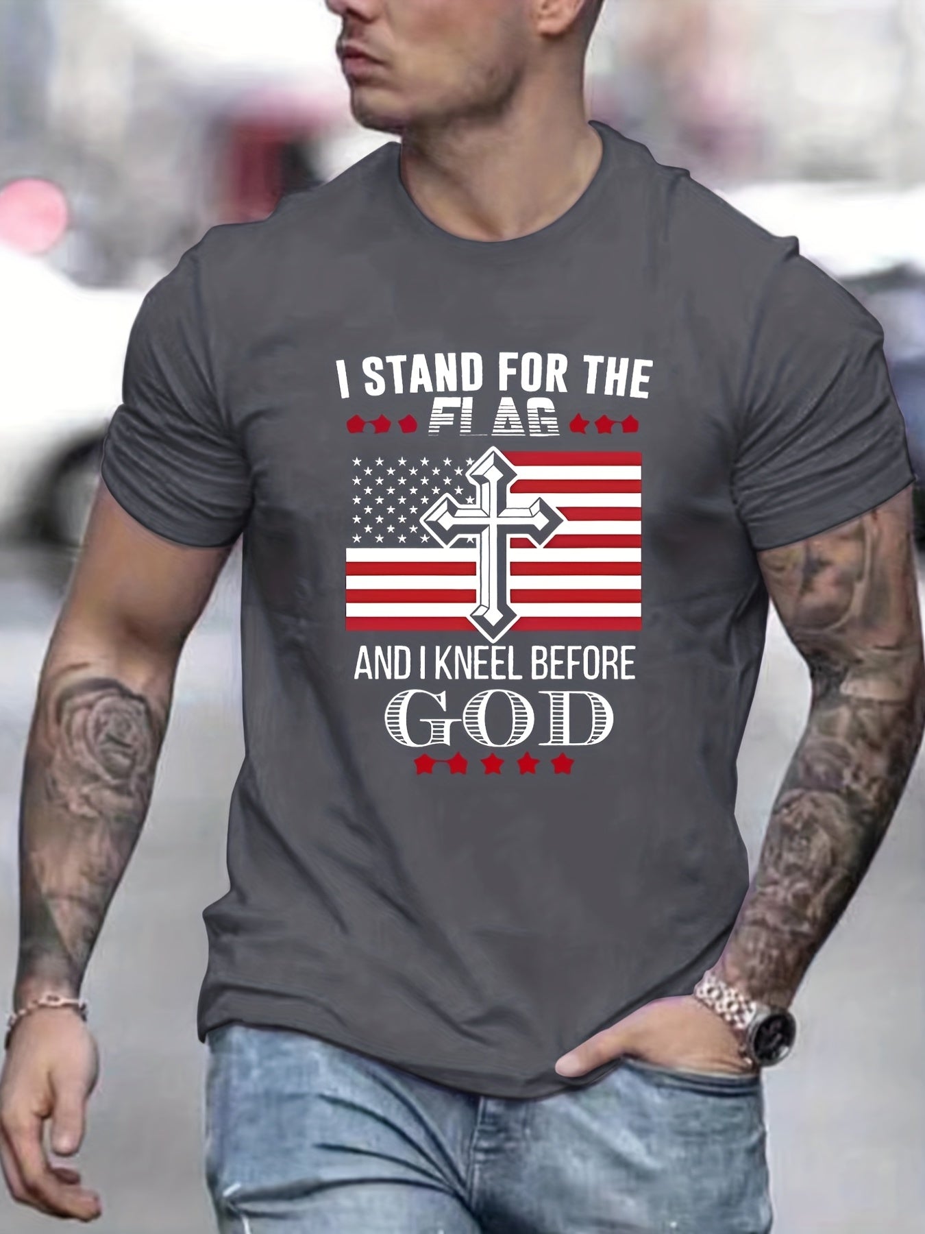 I Stand For The Flag And Kneel Before God Patriotic American Flag Men's Christian T-shirt claimedbygoddesigns