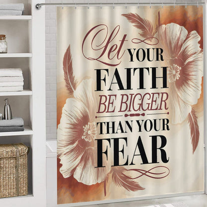 Let Your Faith Be Bigger Than Your Fears Christian Shower Curtain Set with a bath rug, a contour rug and a toilet lid