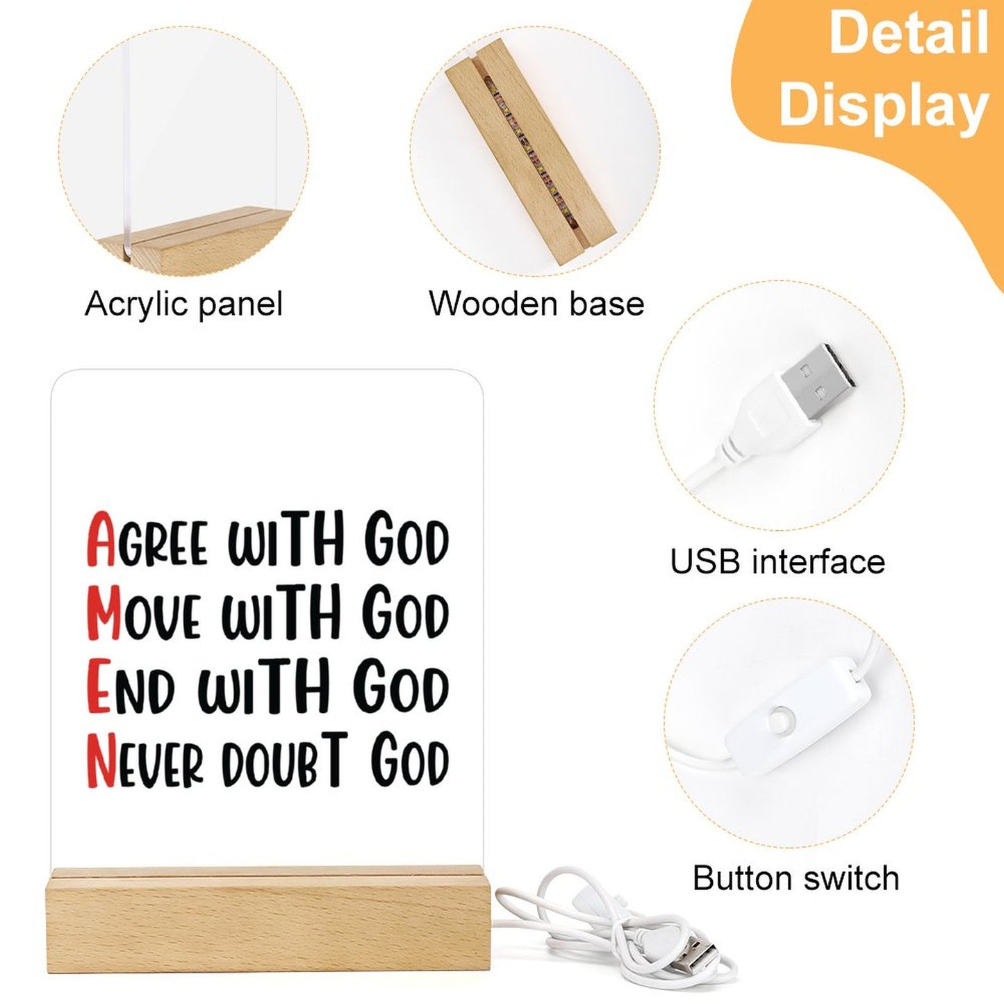 Amen Agree Move End With God Never Doubt God Christian Acrylic Night Light with Wooden Base Christian Gift Idea