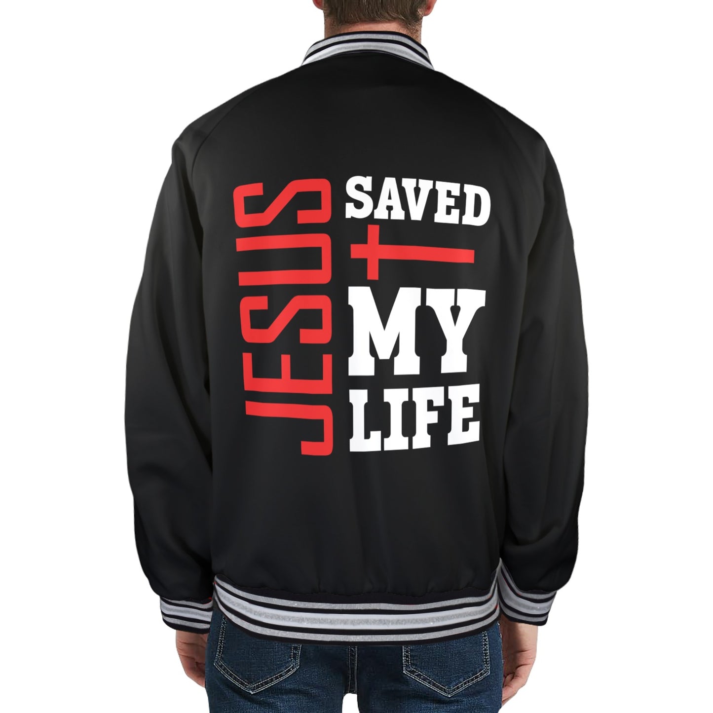 He Saved My Life Men's Christian Striped Trim Bomber Jacket