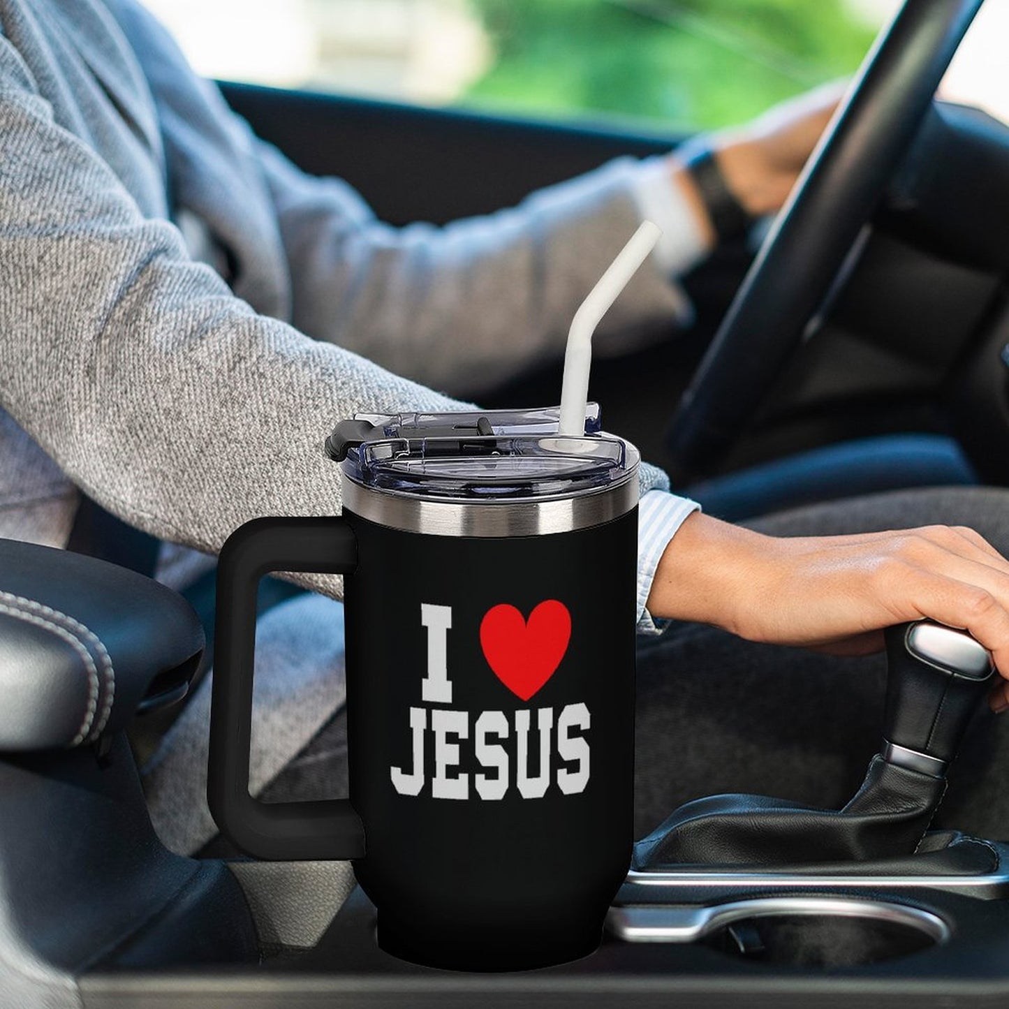 I Love Jesus 40oz Insulated Christian Tumbler with Handle and Straw