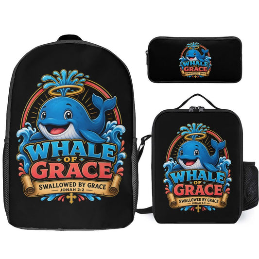 Whale Of Grace Christian 3 PCS Bag Set (Backpack, Lunch Bag and Pencil Case) - ClaimedbyGodDesigns