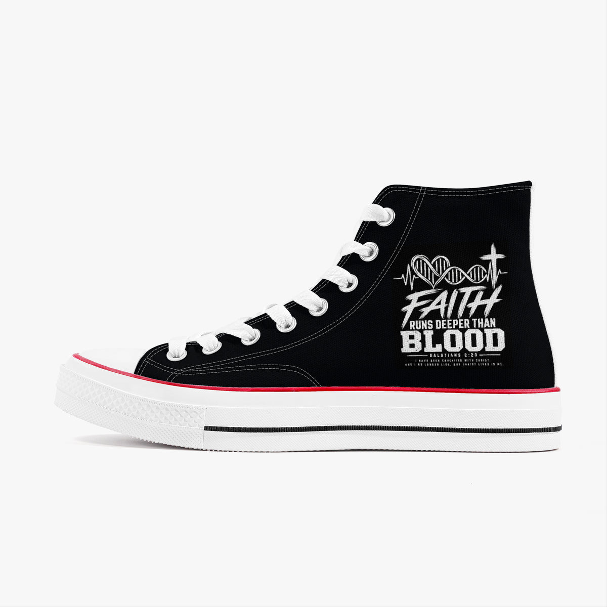 Faith Runs Deeper Than Blood Christian high-top canvas sneakers with heartbeat line, DNA heart and cross, Galatians 2:20