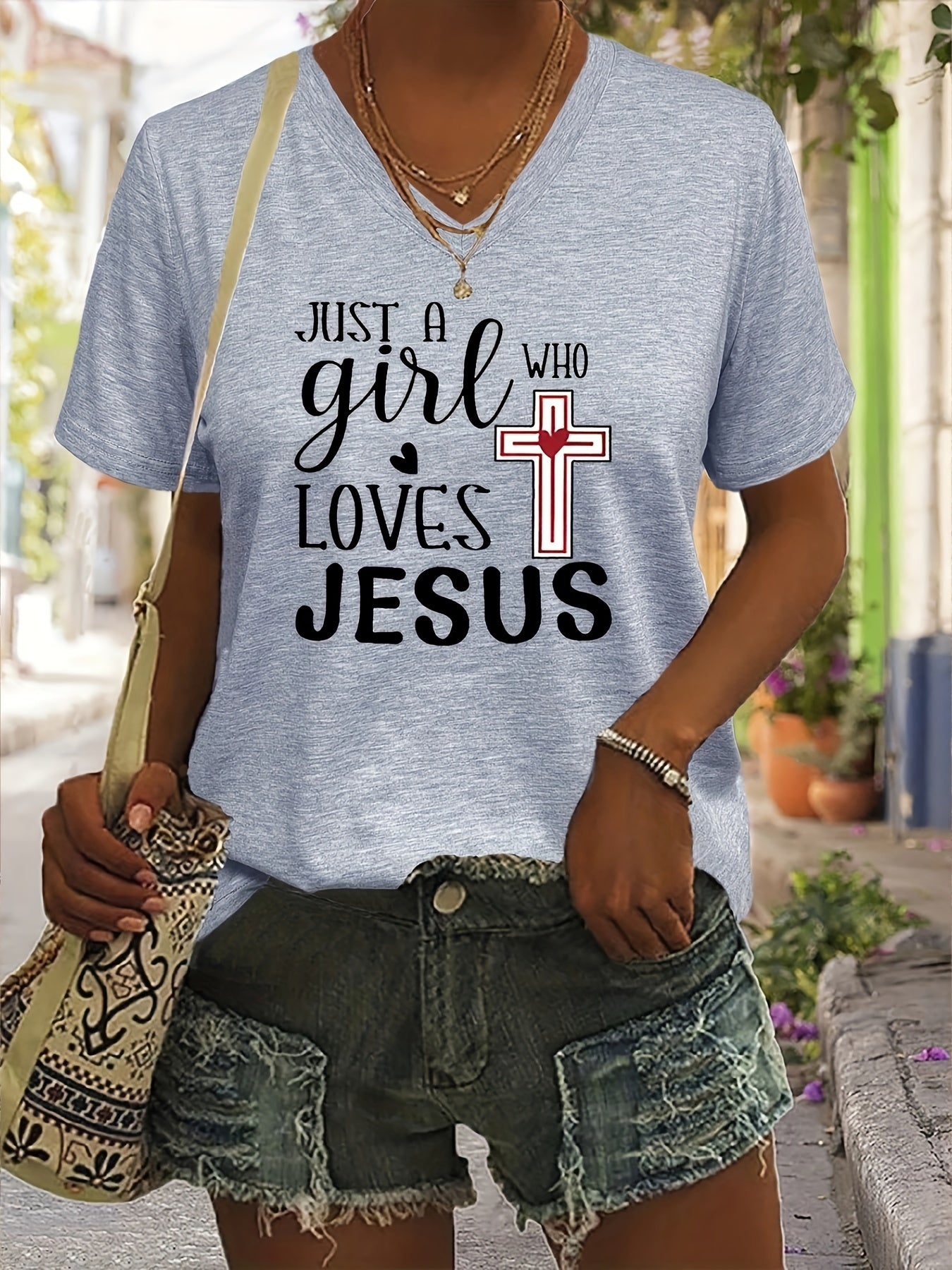 Just A Girl Who Loves Jesus Women's Christian V Neck T-Shirt claimedbygoddesigns