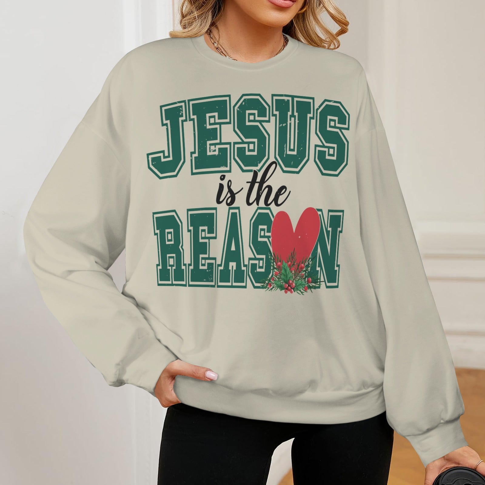 Jesus Is The Reason Christmas Themed Women's Christian Oversized Crew Neck Pullover Sweatshirt