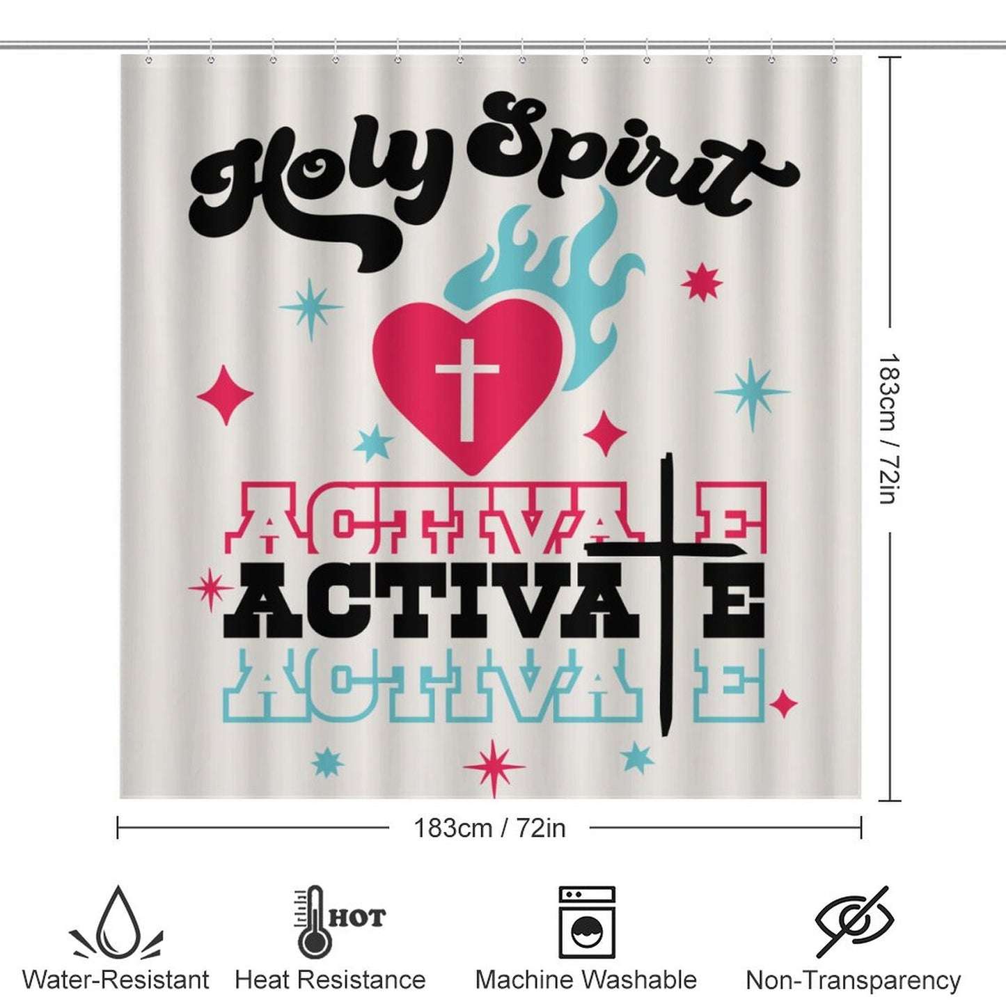 Holy Spirit Activate Shower Curtain Set with a bath rug, a contour rug and a toilet lid cover.