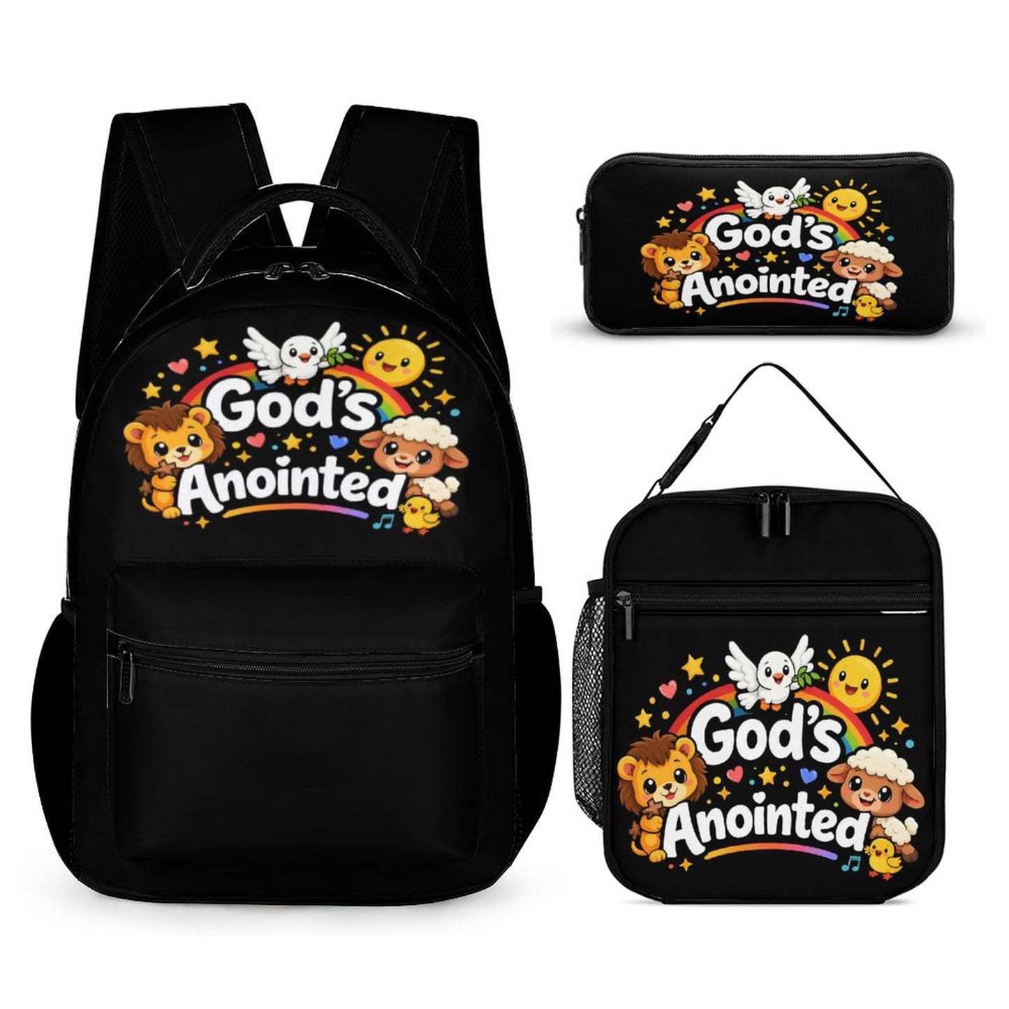 God's Anointed Christian 3Pcs School Backpack Set for Kids (Backpack, Kid's Insulated Lunch Bag & Pencil Case Organizer)