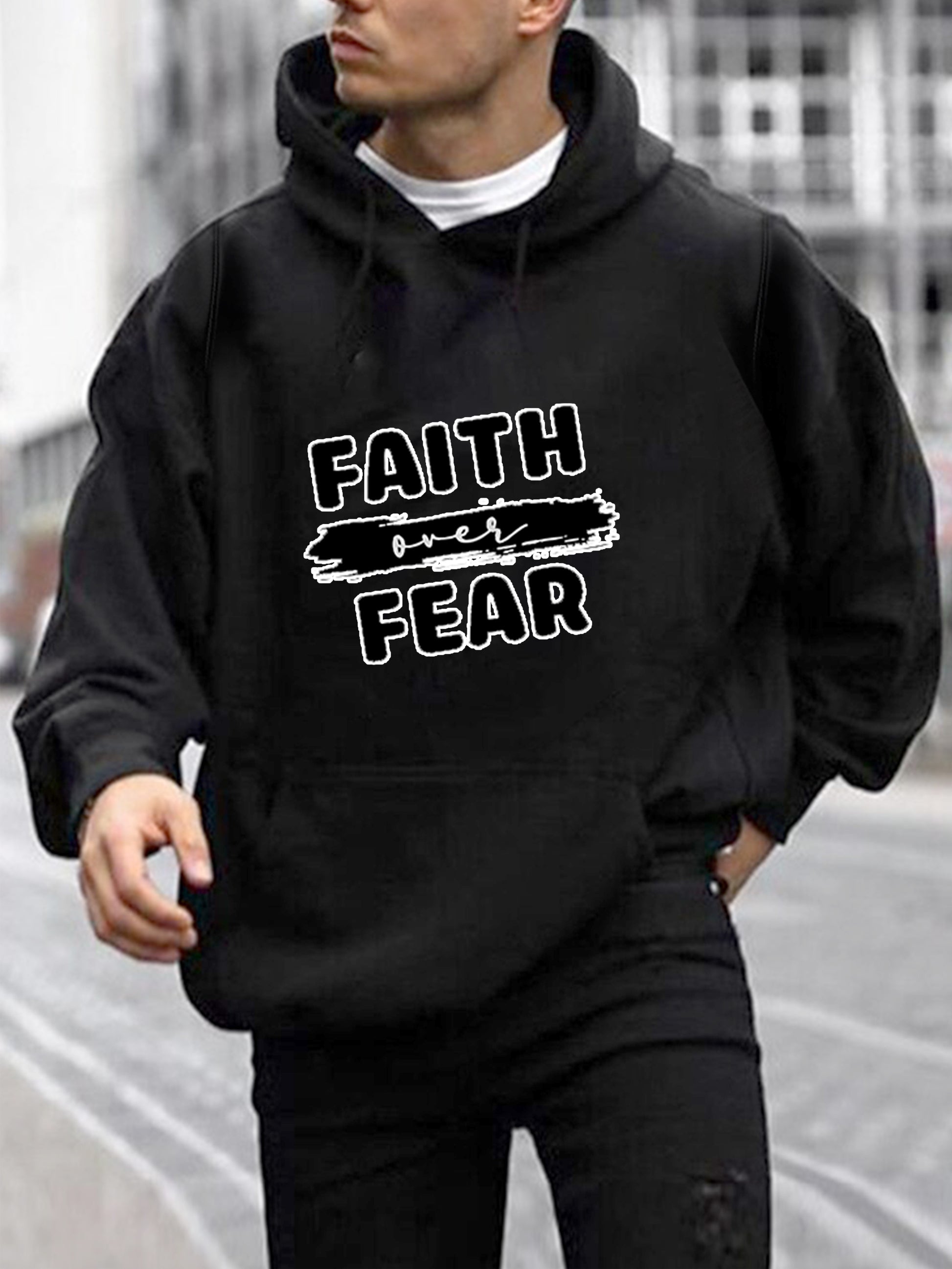 FAITH OVER FEAR Men's Christian Pullover Hooded Sweatshirt claimedbygoddesigns