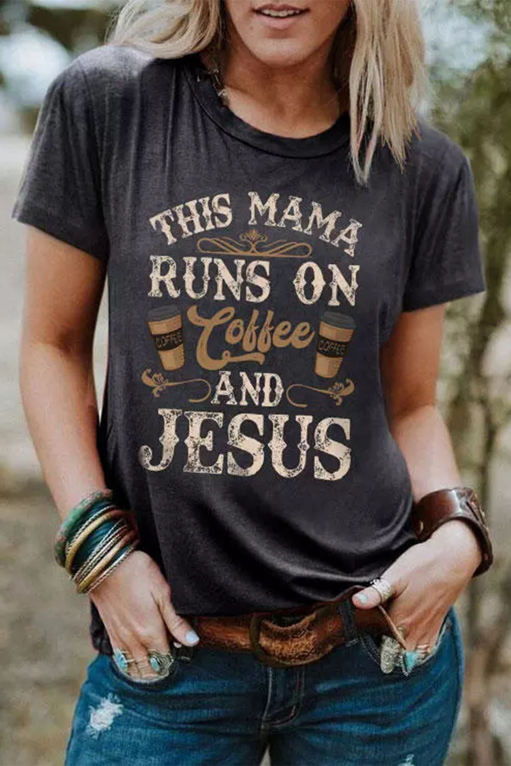 This Mama Runs On Coffee And Jesus Gray Round Neck Letter Graphic Short Sleeve Women's T-Shirt ClaimedbyGodDesigns