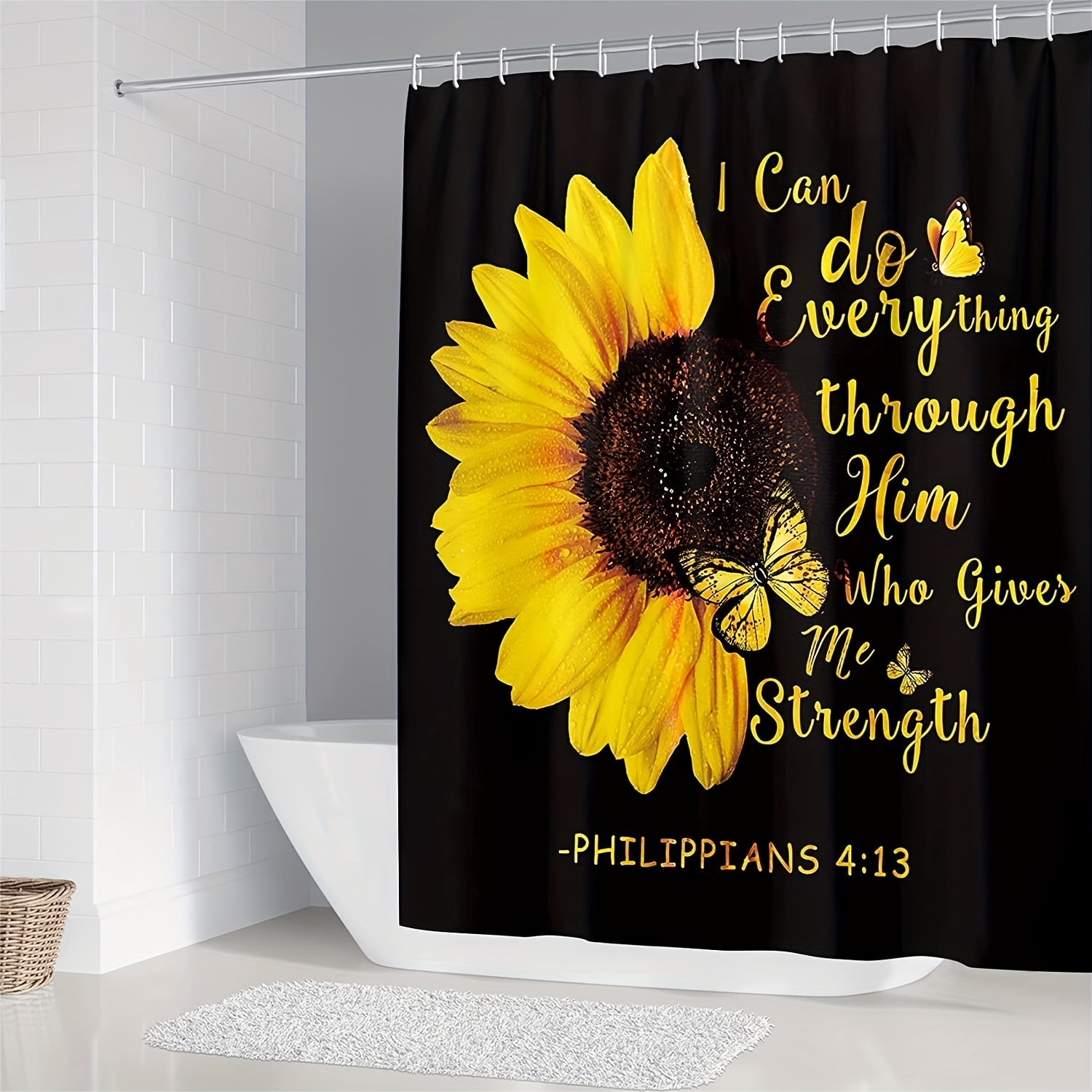 Philippians 4:13 I Can Do All Things Christian Shower Curtain with 12 Hooks, Non-Slip Rug, Toilet Lid Cover Pad, and U-Shape Mat claimedbygoddesigns