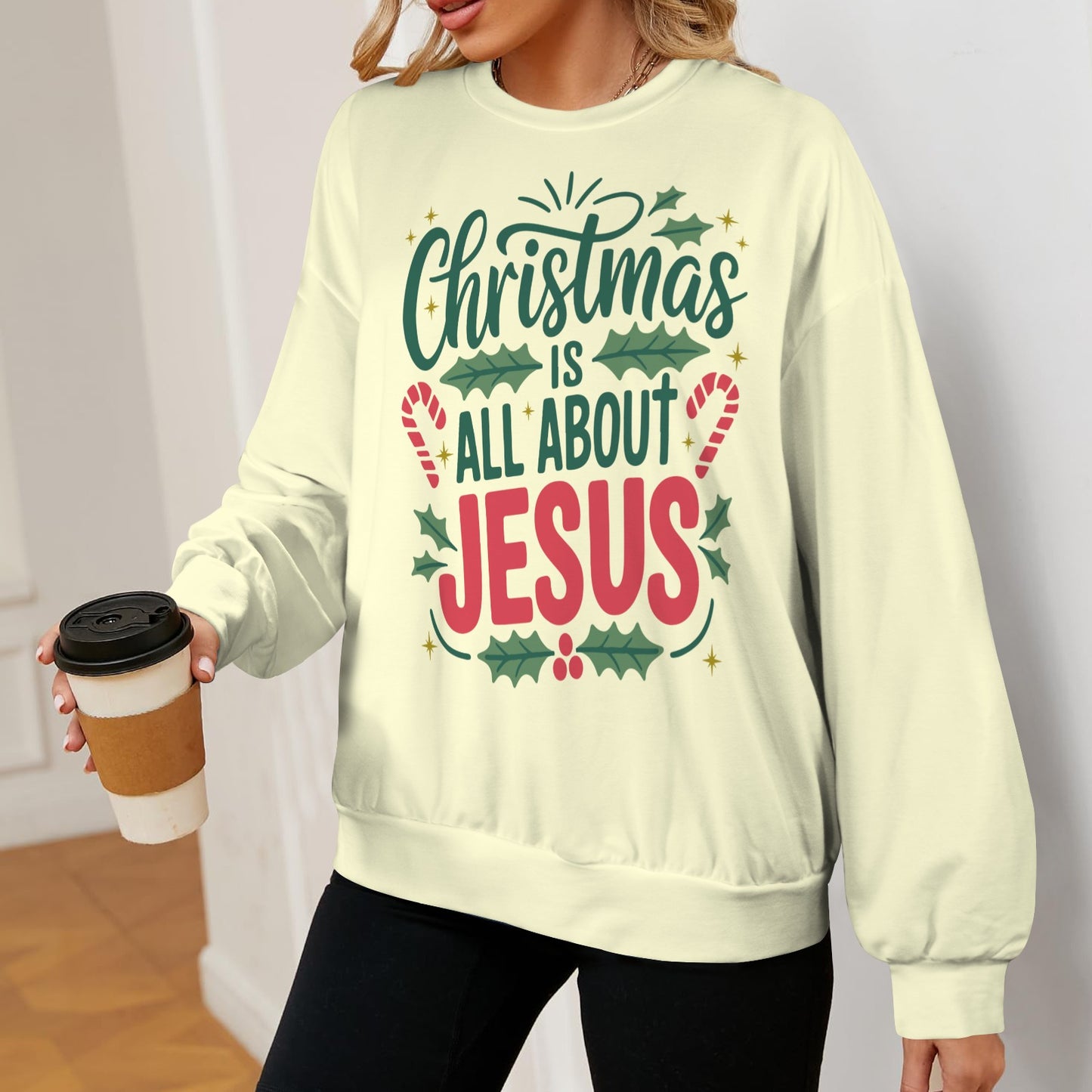 Christmas Is All About Jesus  Women's Christian Oversized Crew Neck Pullover Sweatshirt