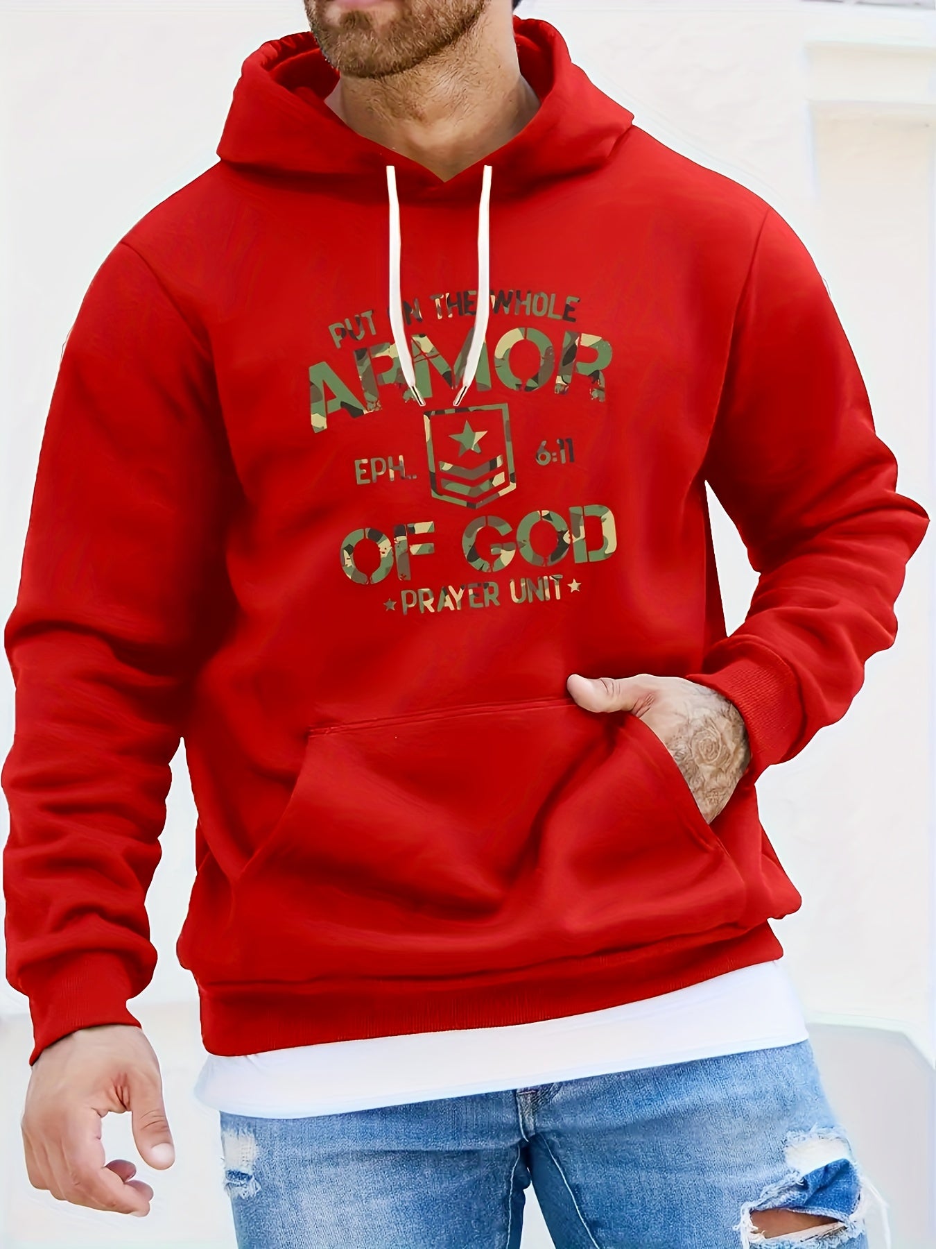 Ephesians 6:11 Prayer Unit: Put On The Whole Armor Of God Men's Christian Pullover Hooded Sweatshirt claimedbygoddesigns