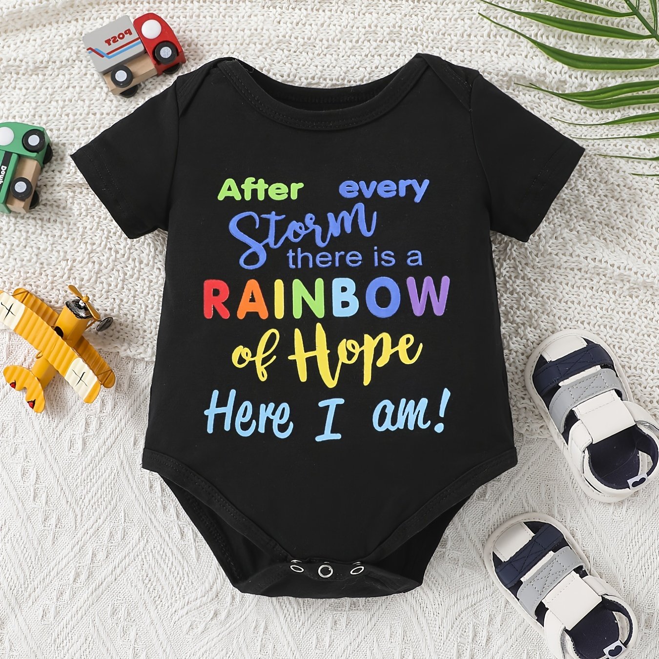 After Every Storm There Is A Rainbow Of Hope Here I Am Christian Baby Onesie claimedbygoddesigns