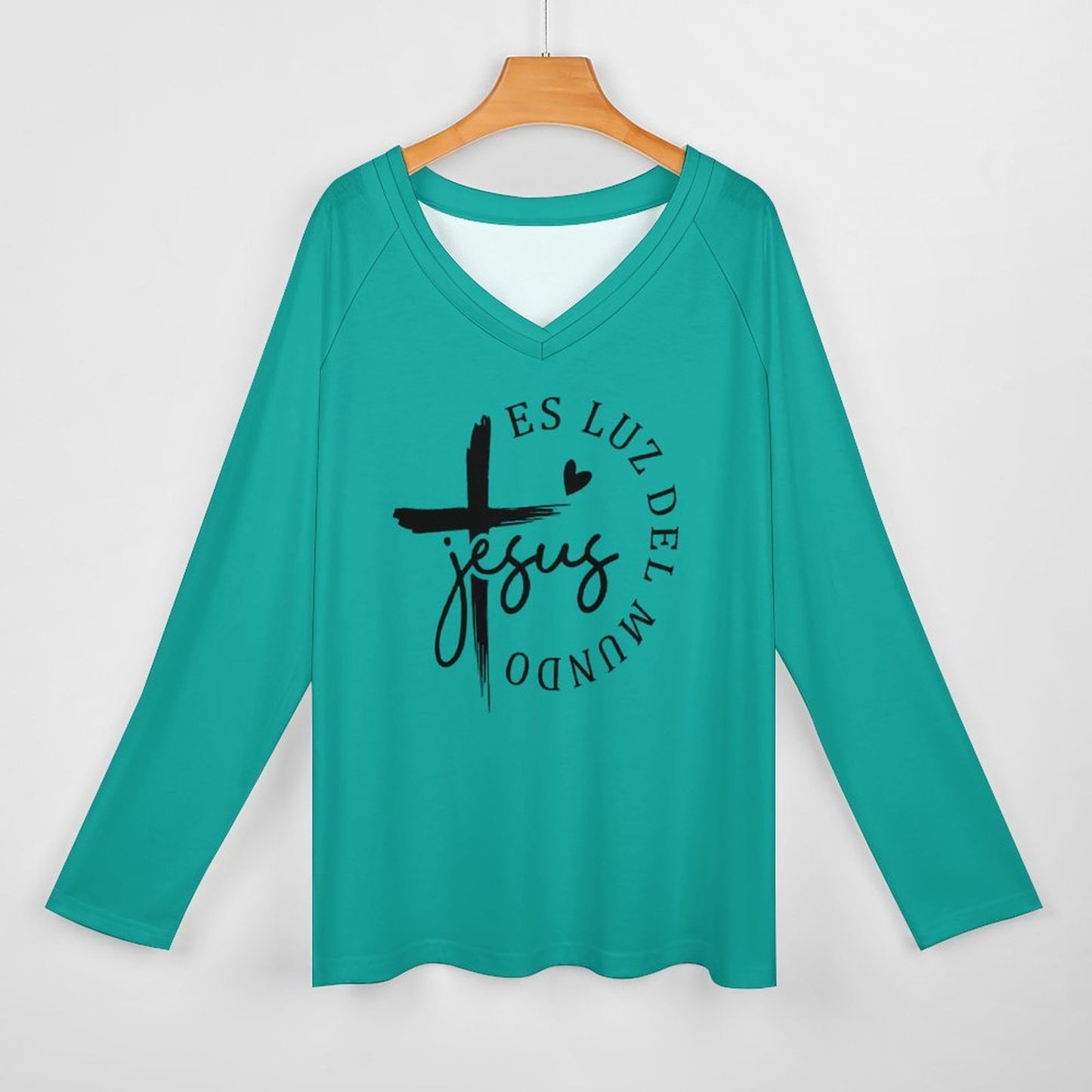 Jesus Es Luz Del Mundo Spanish Christian Women's V-neck Loose Pullover Sweatshirt