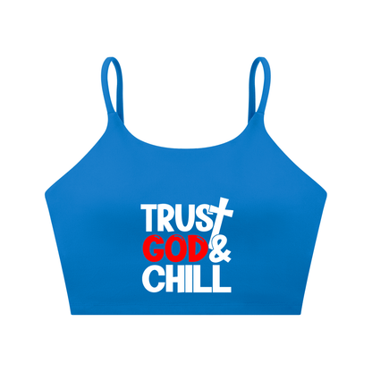 Trust God And Chill Women's Christian Spaghetti Strap Yoga Sports Bra - ClaimedbyGodDesigns