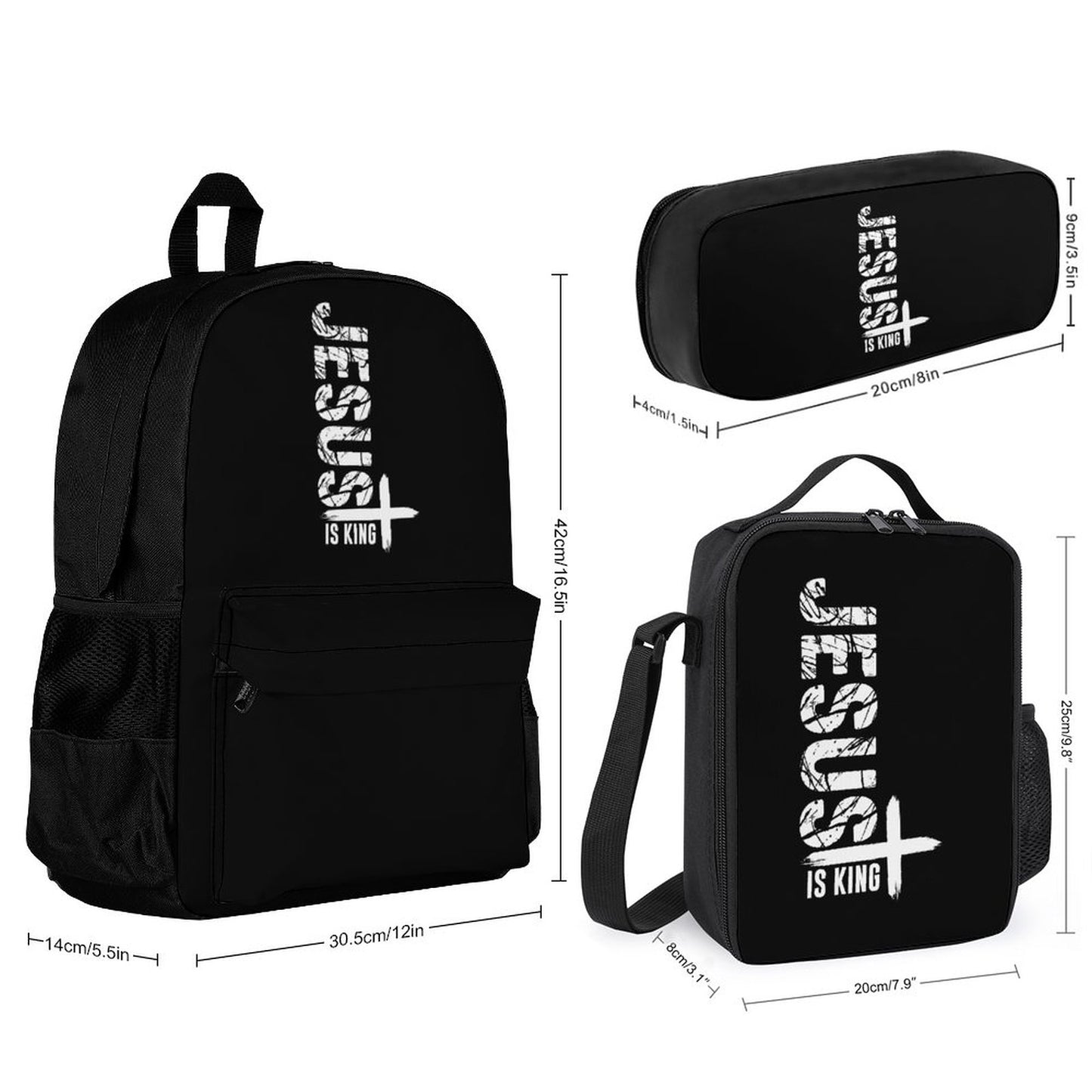 Jesus Is King Christian Backpack Set of 3 Bags (Shoulder Bag Lunch Bag & Pencil Pouch)