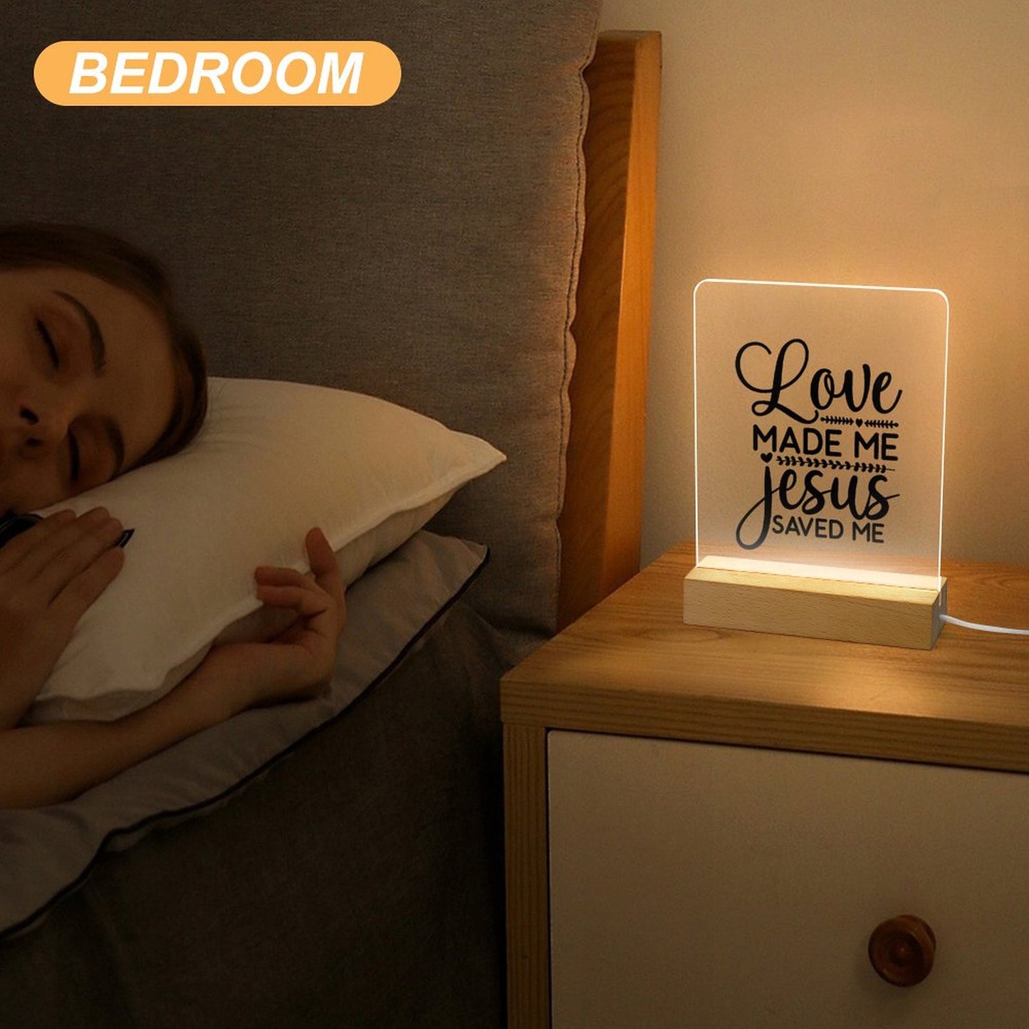 Love Made Me Jesus Saved Me Christian Acrylic Night Light with Wooden Base Christian Gift Idea