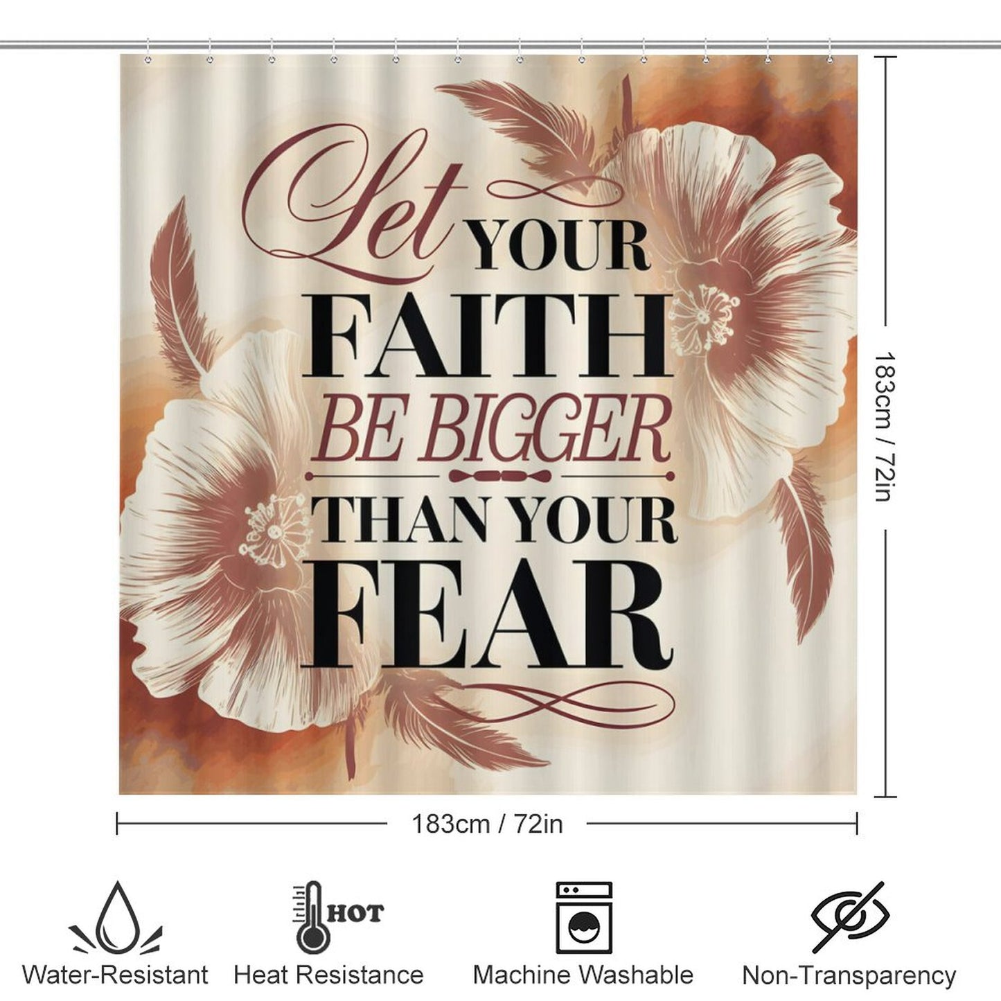 Let Your Faith Be Bigger Than Your Fears Christian Shower Curtain Set with a bath rug, a contour rug and a toilet lid