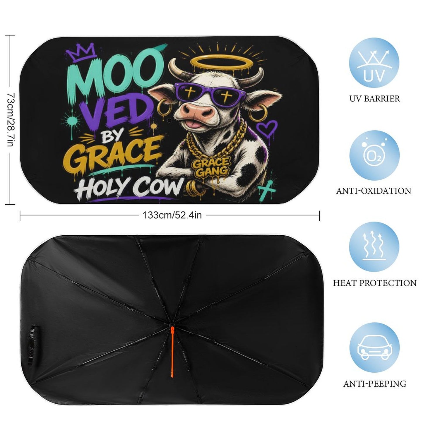 Moo‑ved by Grace — Holy Cow Christian Car Sunshade Umbrella - ClaimedbyGodDesigns