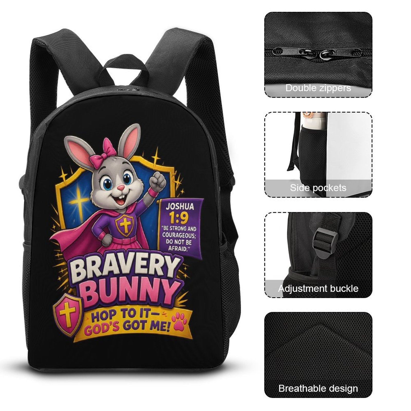 Bravery Bunny Christian 3 PCS Bag Set (Backpack, Lunch Bag and Pencil Case) - ClaimedbyGodDesigns