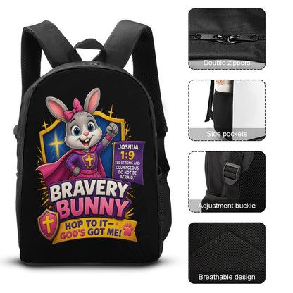 Bravery Bunny Christian 3 PCS Bag Set (Backpack, Lunch Bag and Pencil Case) - ClaimedbyGodDesigns