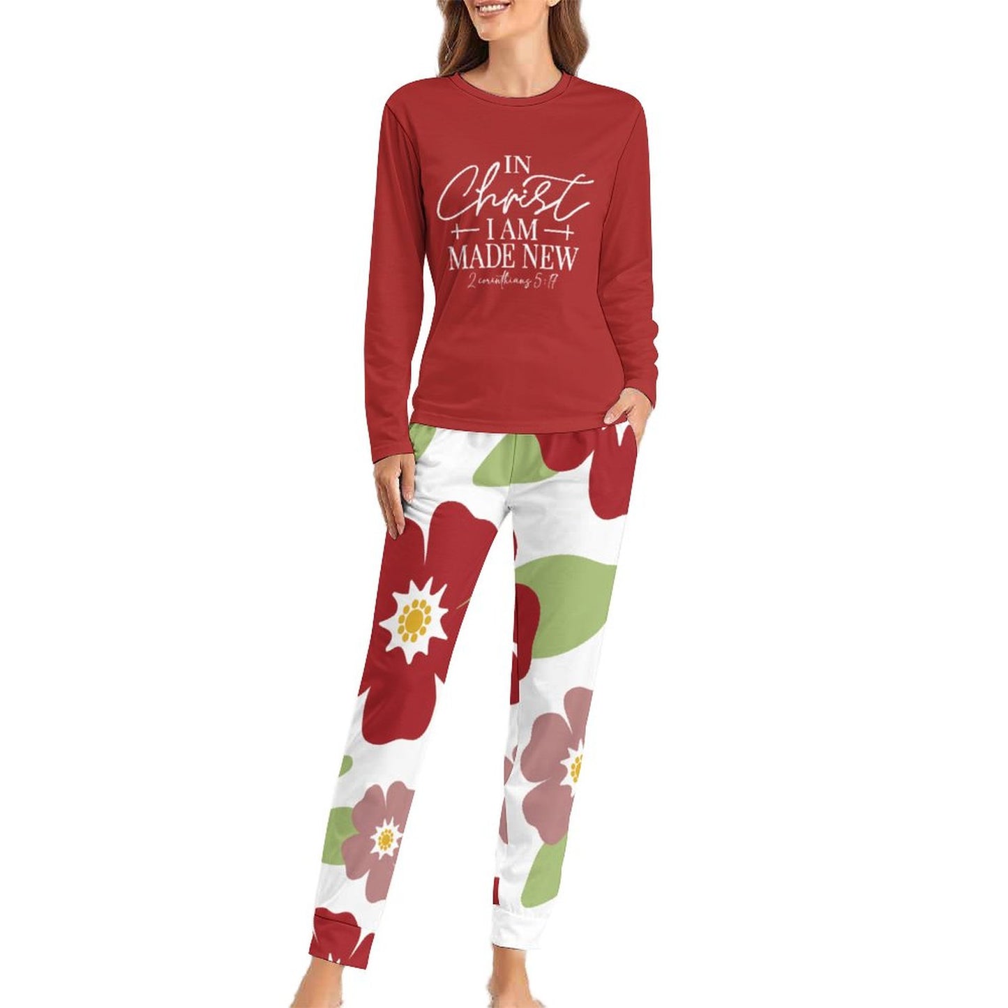 In Christ I Am Made New (flowered) Christian Women's 2 Piece Pajama Set