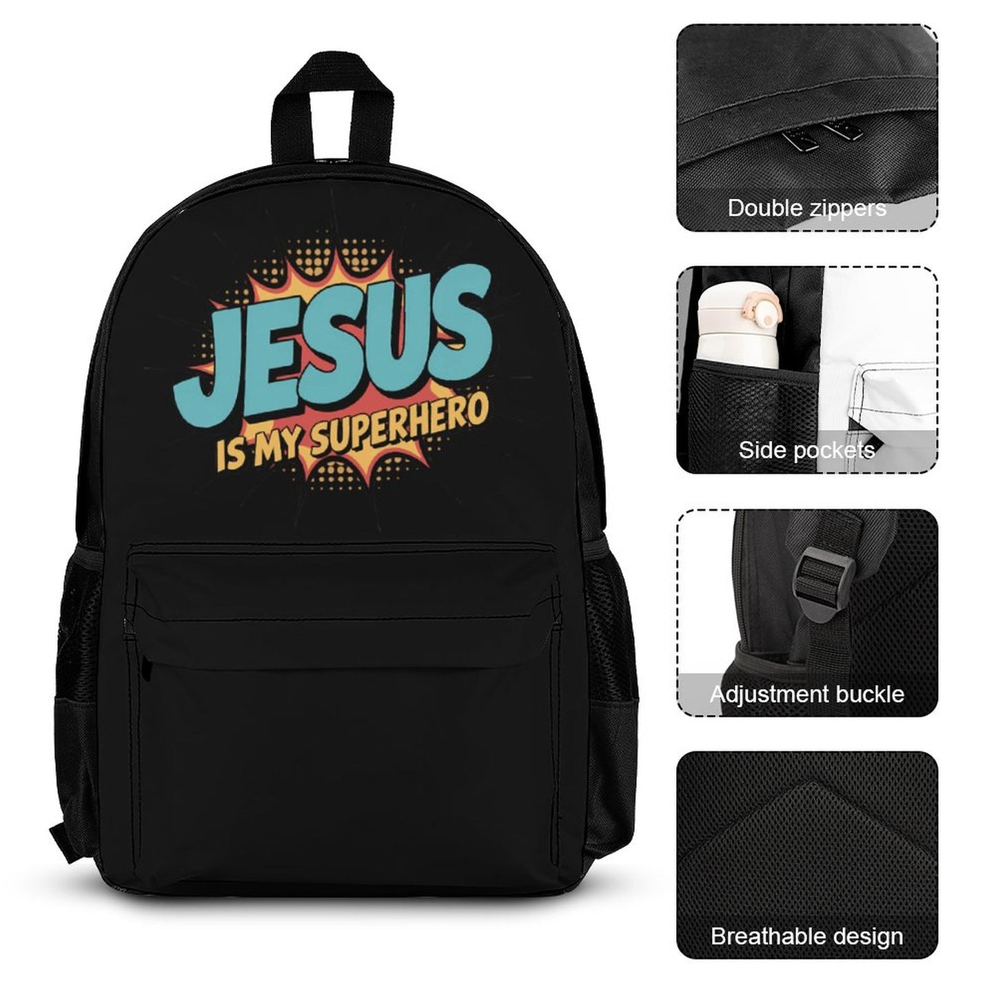 He Is My Superhero Christian Backpack Set of 3 Bags (Shoulder Bag Lunch Bag & Pencil Pouch)
