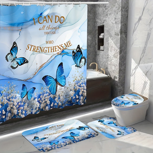 I Can Do All Things Through Christ Christian Shower Curtain or Set With 12 Hooks, Non-Slip Rugs, Toilet Lid Cover And Bath Mat 180*180cm/70.87*70.87in claimedbygoddesigns