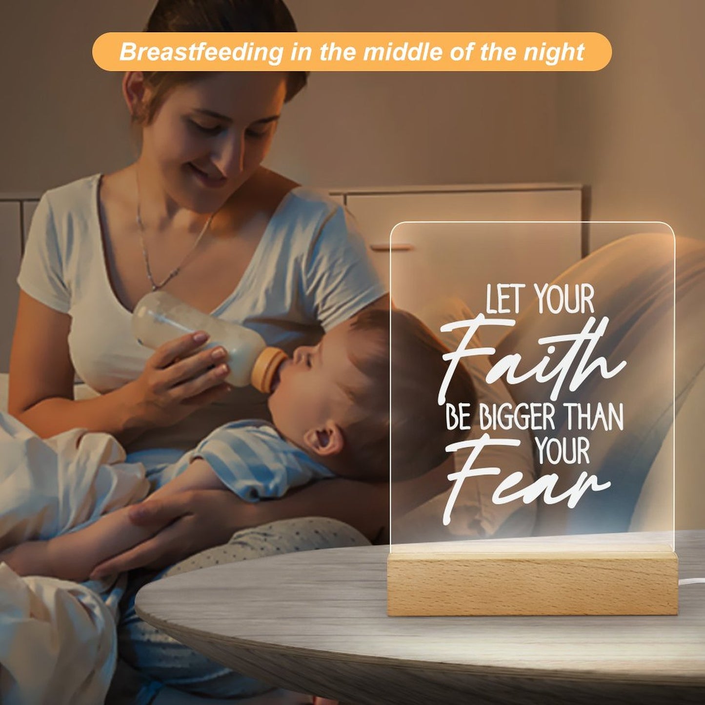 Let Your Faith Be Bigger Than Your Fear Christian Acrylic Night Light with Wooden Base Christian Gift Idea