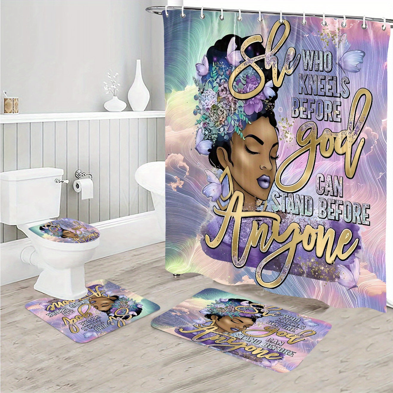 She Who Kneels Before God Can Stand Before Anyone/You Are/Just Blessed Christian Shower Curtain Set, Bathroom Decoration, Sturdy Toilet Lid And Non Slip U-shaped Cushion, With 12 Hooks, 71 X 71 Inches (4pcs) claimedbygoddesigns