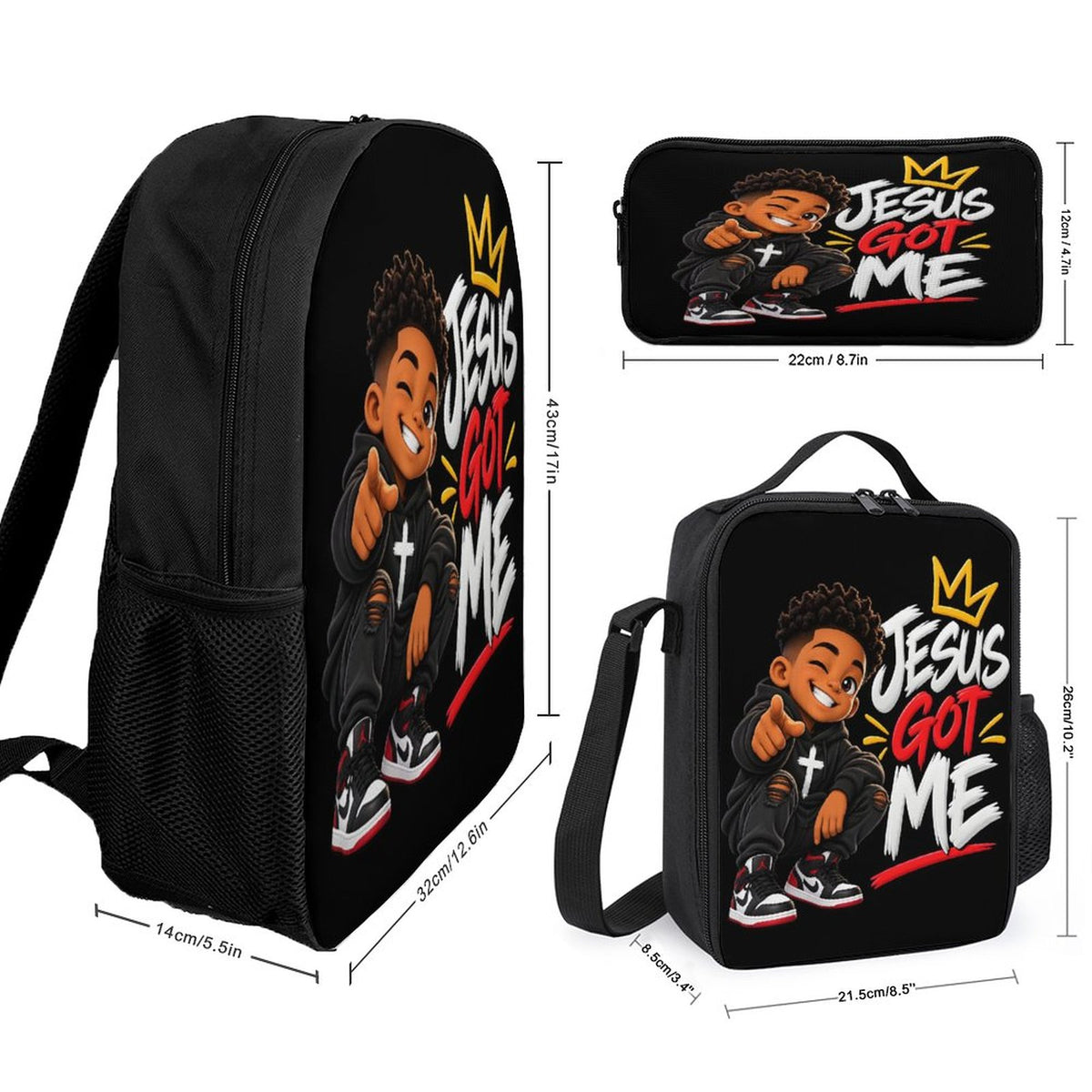 Jesus Got Me 3 PCS Christian Kids Backpack Set (Backpack, Lunch Bag and Pencil Case) - ClaimedbyGodDesigns