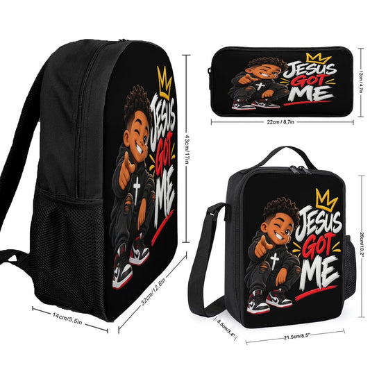 Jesus Got Me 3 PCS Christian Kids Backpack Set (Backpack, Lunch Bag and Pencil Case) - ClaimedbyGodDesigns