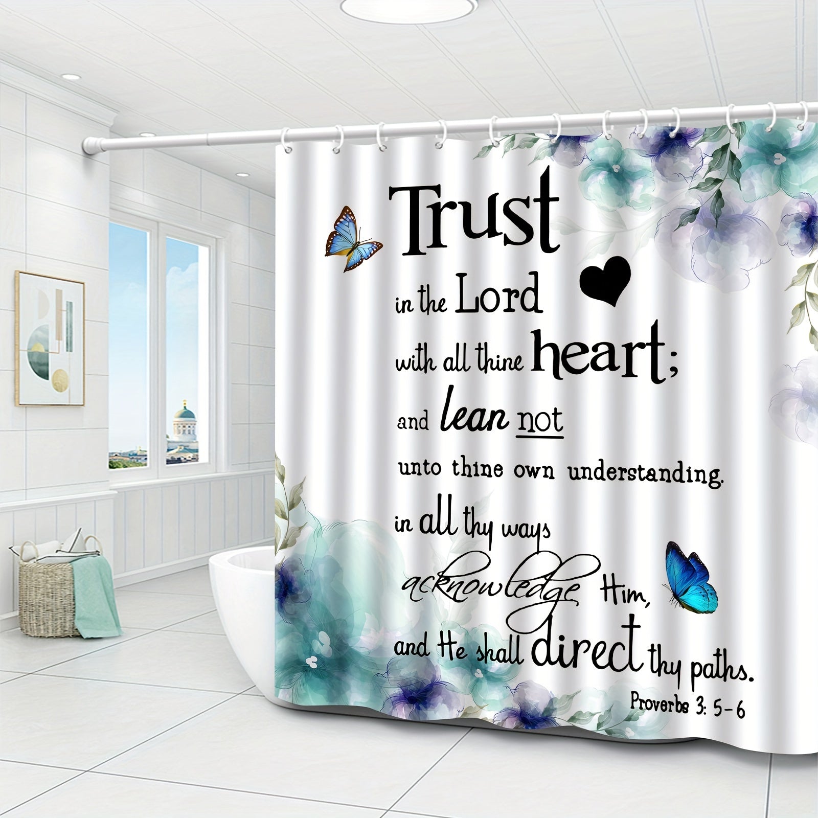Trust In the Lord (hearts/butterfly) Christian Shower Curtain With Hooks claimedbygoddesigns