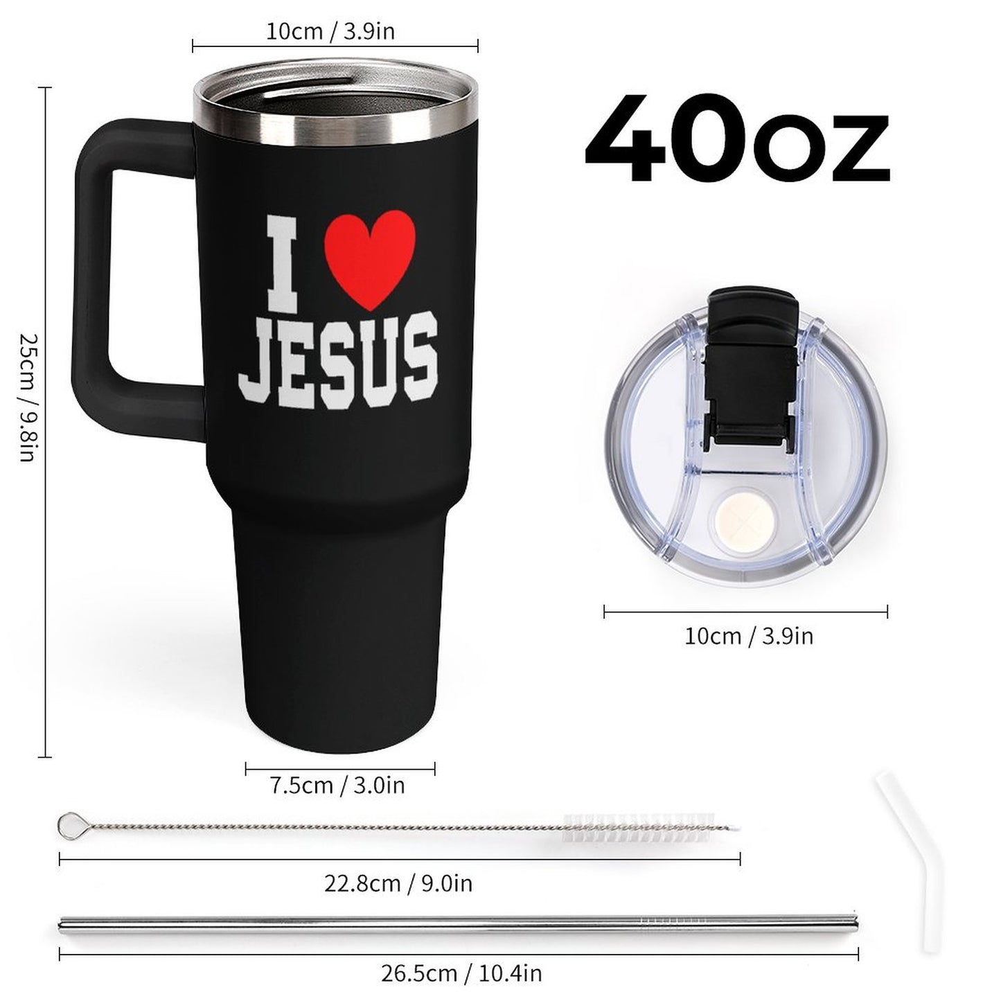 I Love Jesus 40oz Insulated Christian Tumbler with Handle and Straw