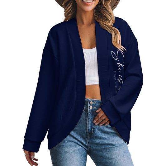 She Is Worthy Christian Women's Drop Shoulder Cardigan - ClaimedbyGodDesigns