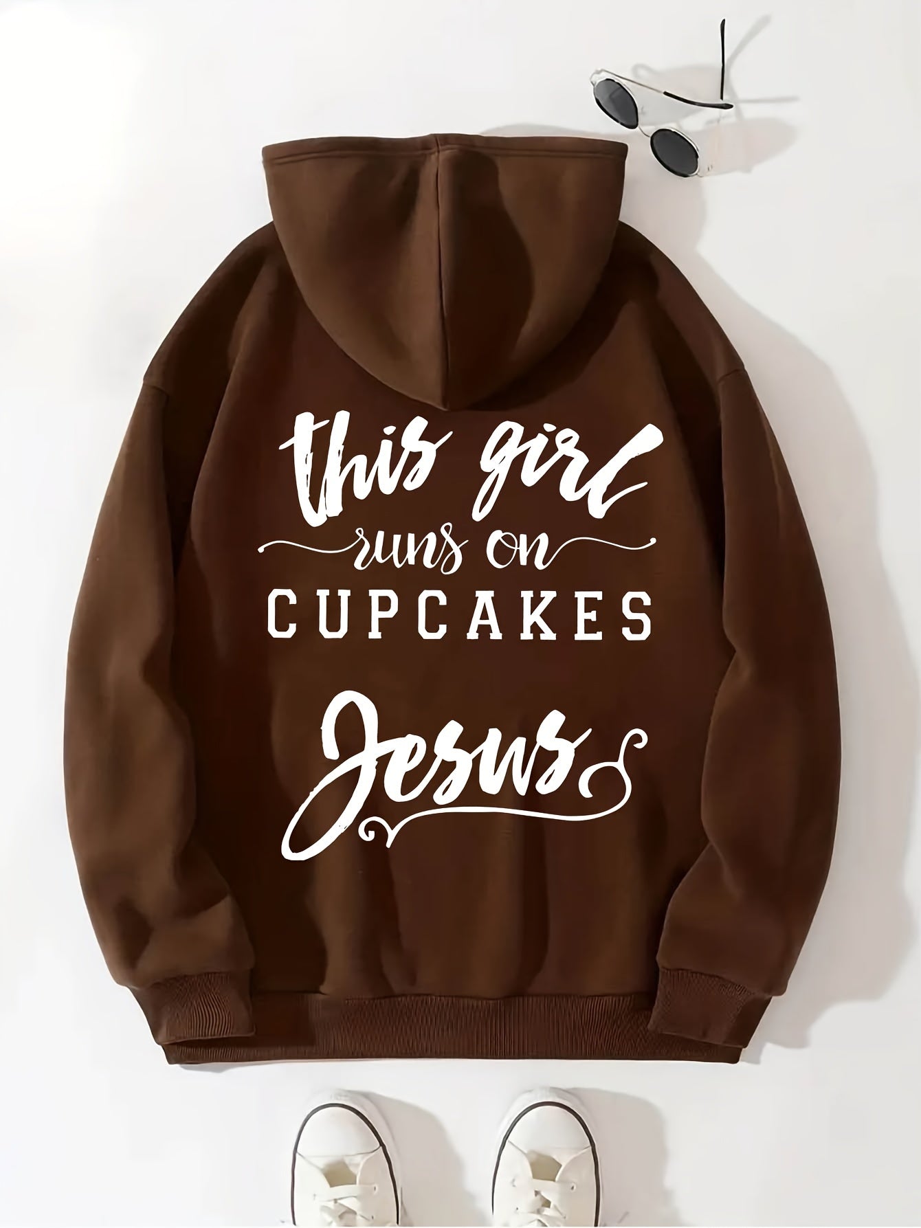 This Girl Runs On Cupcakes Jesus Funny Women's Christian Pullover Hooded Sweatshirt claimedbygoddesigns
