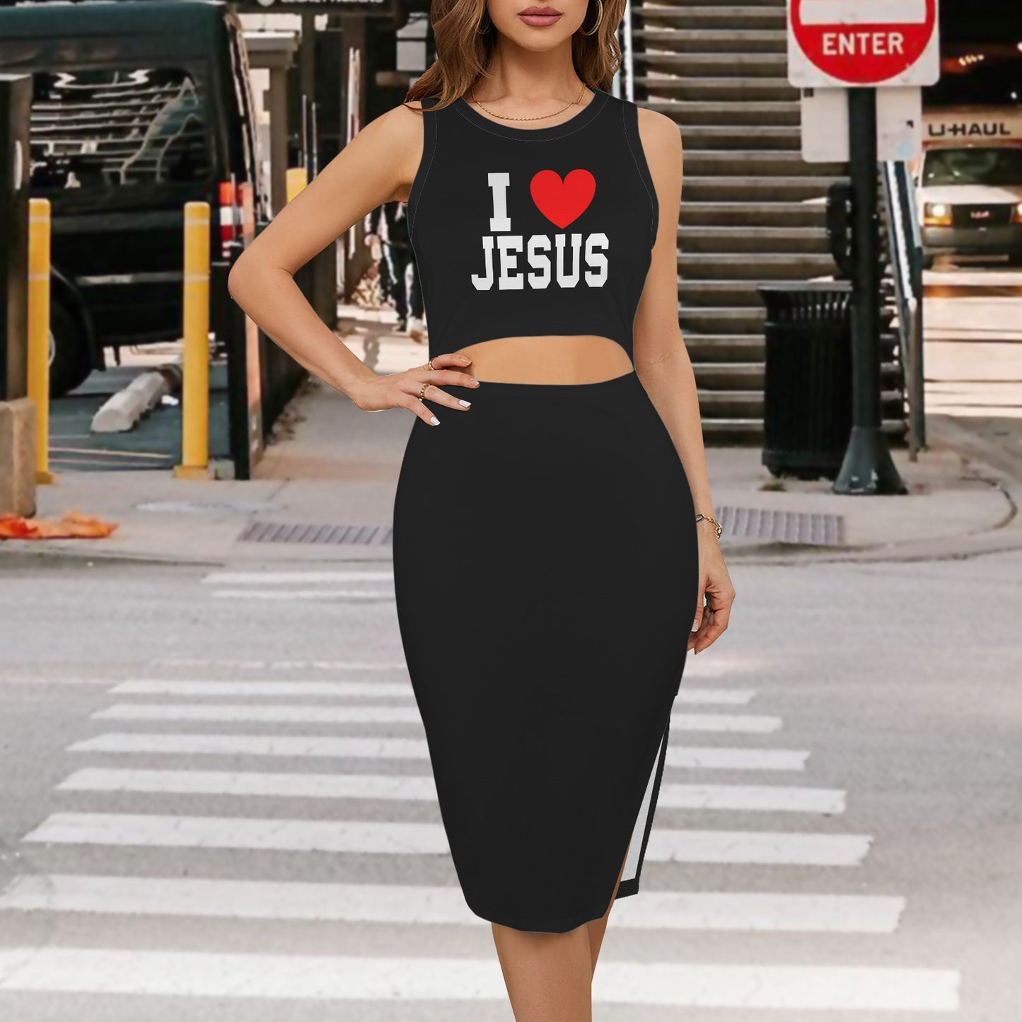 I Love Jesus Crew Neck Side Slit Cut Out Sleeveless Christian Bodycon Dress