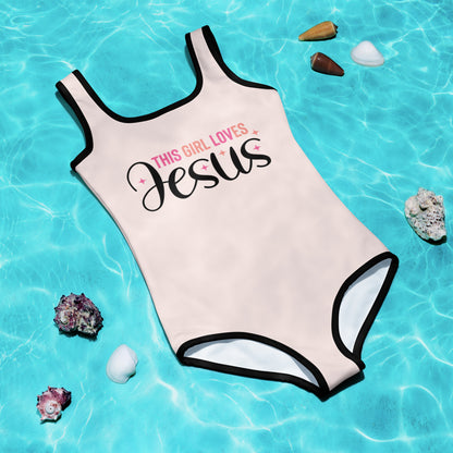 This Girl Loves Him Christian Kids Swimsuit - ClaimedbyGodDesigns