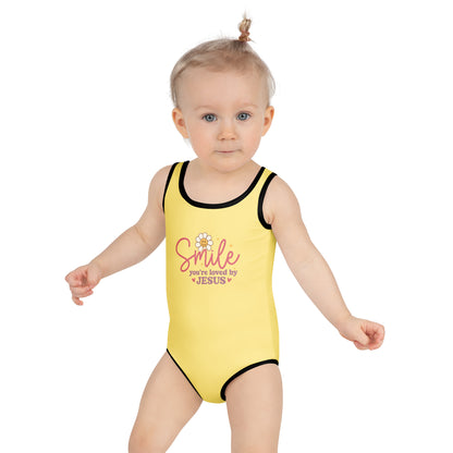 Smile You're Loved By Him Christian Kids Swimsuit - ClaimedbyGodDesigns