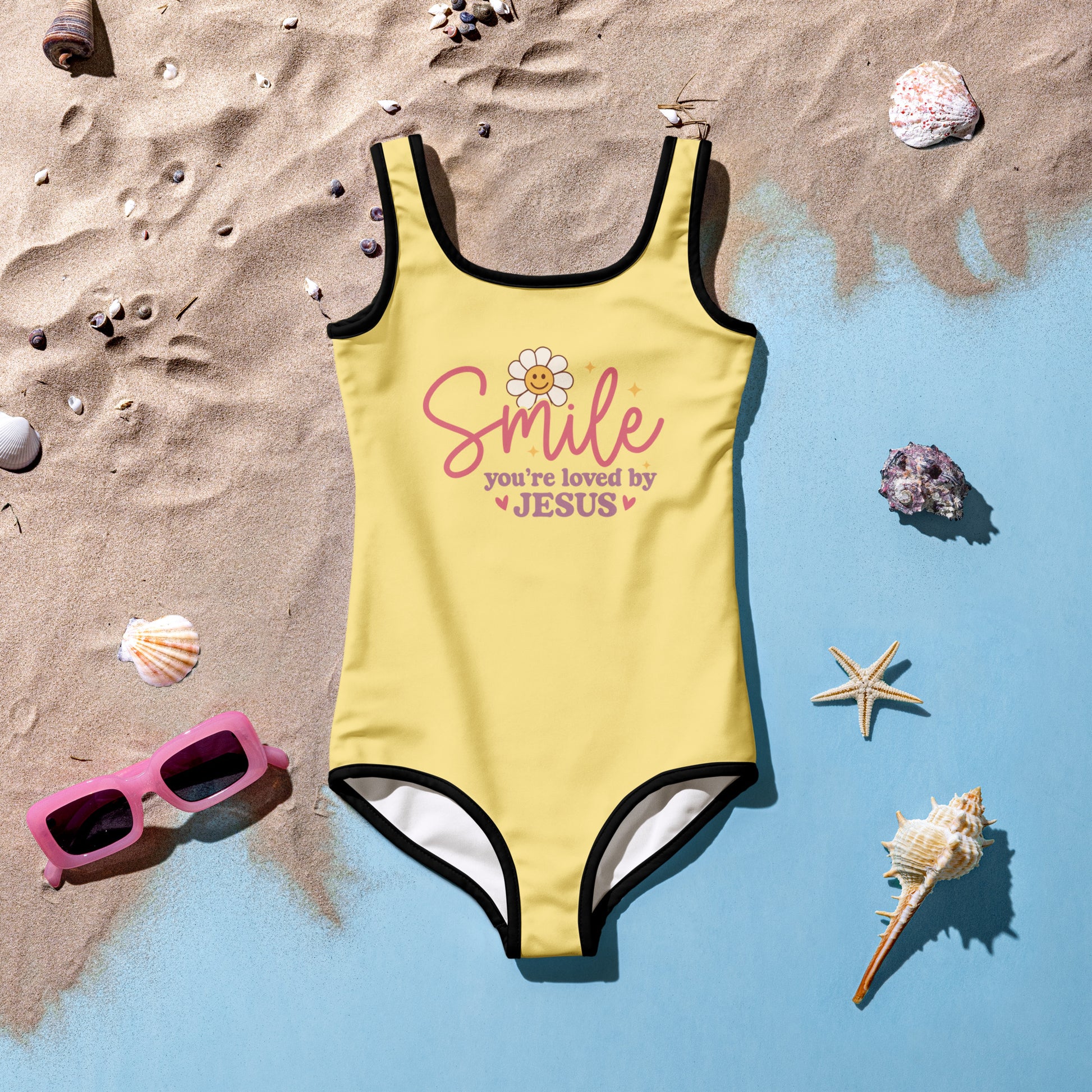 Smile You're Loved By Him Christian Kids Swimsuit - ClaimedbyGodDesigns