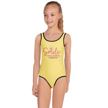 Smile You're Loved By Him Christian Kids Swimsuit - ClaimedbyGodDesigns