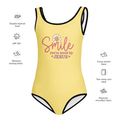 Smile You're Loved By Him Christian Kids Swimsuit - ClaimedbyGodDesigns