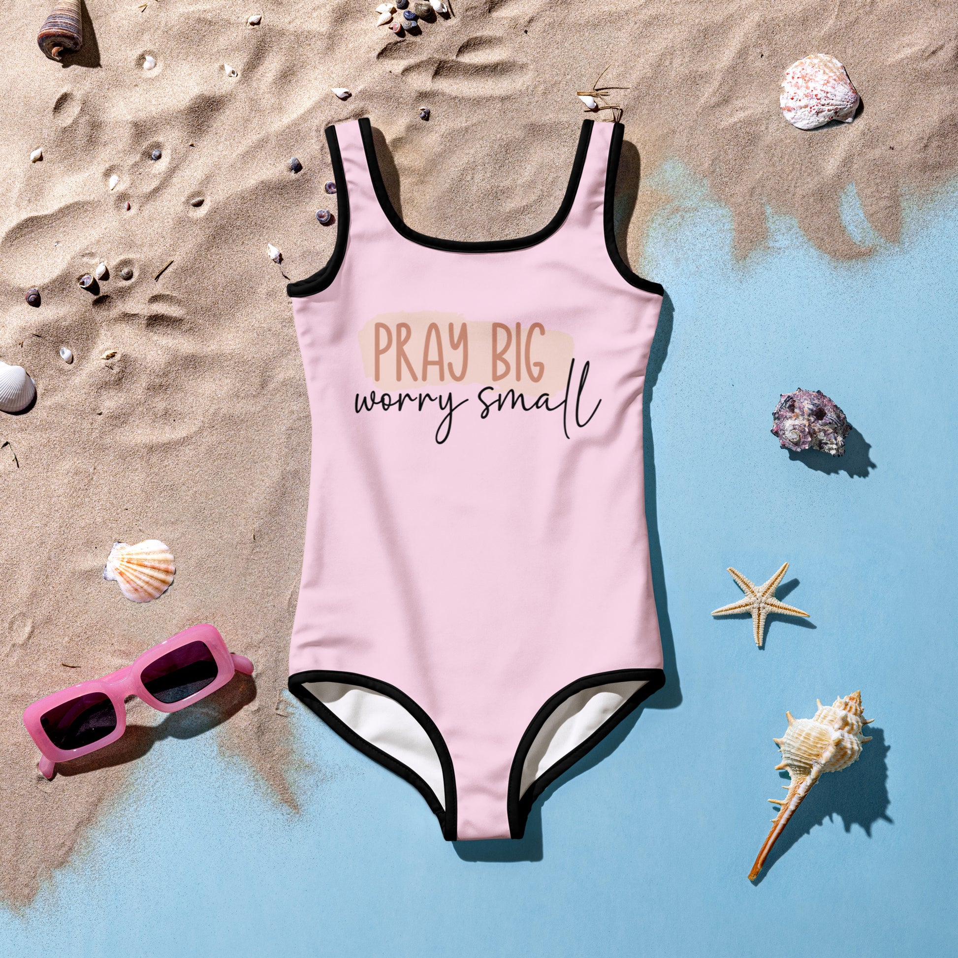 Pray Big Worry Small Christian Kids Swimsuit - ClaimedbyGodDesigns