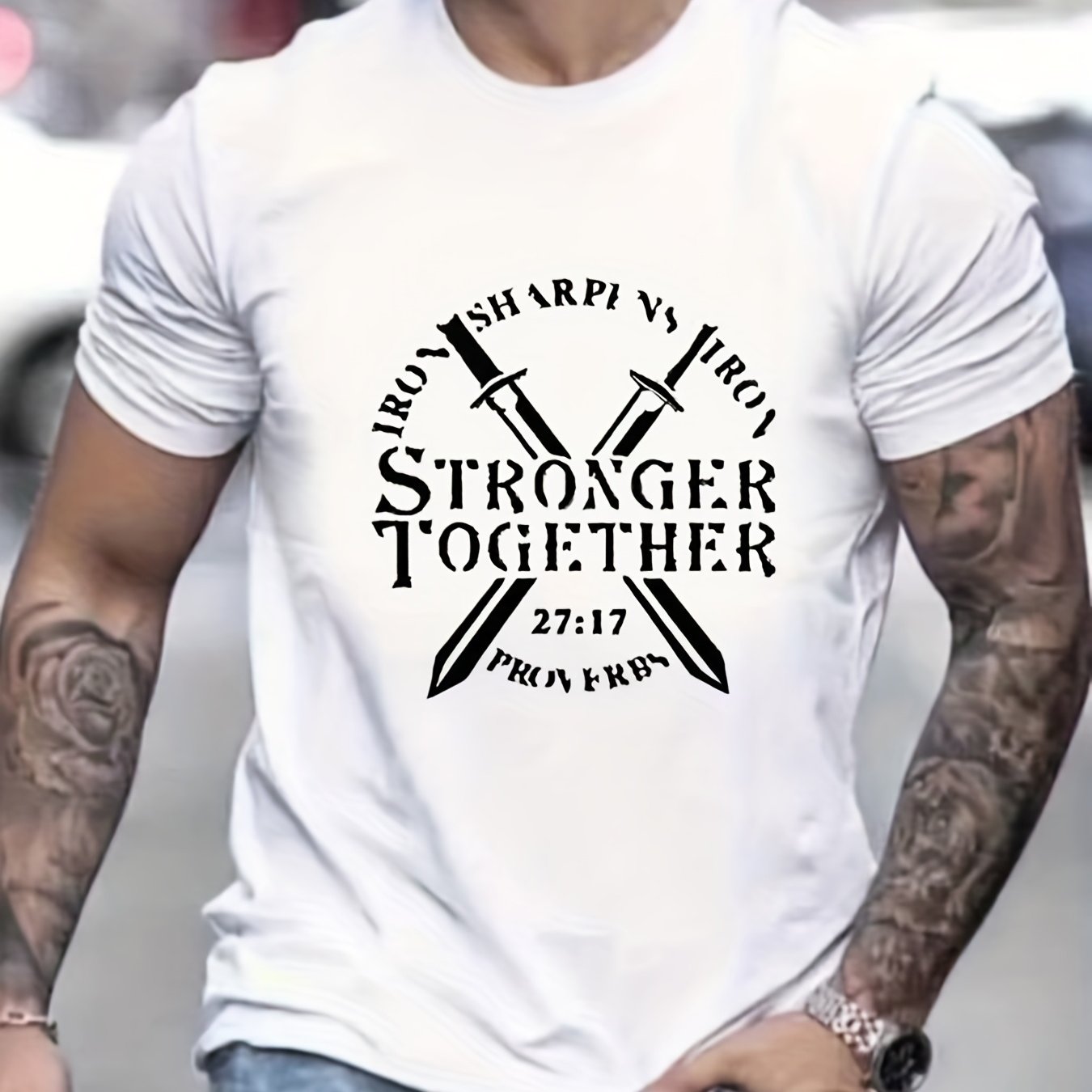 Proverbs 27:17 Iron Sharpens Iron STRONGER TOGETHER Men's Christian T-shirt claimedbygoddesigns