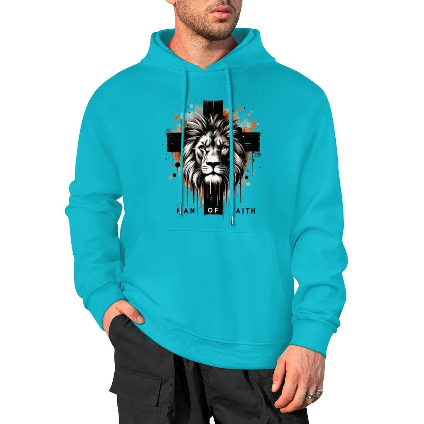 Man of Faith (lion cross) Men's Christian Hooded Pullover Sweatshirt