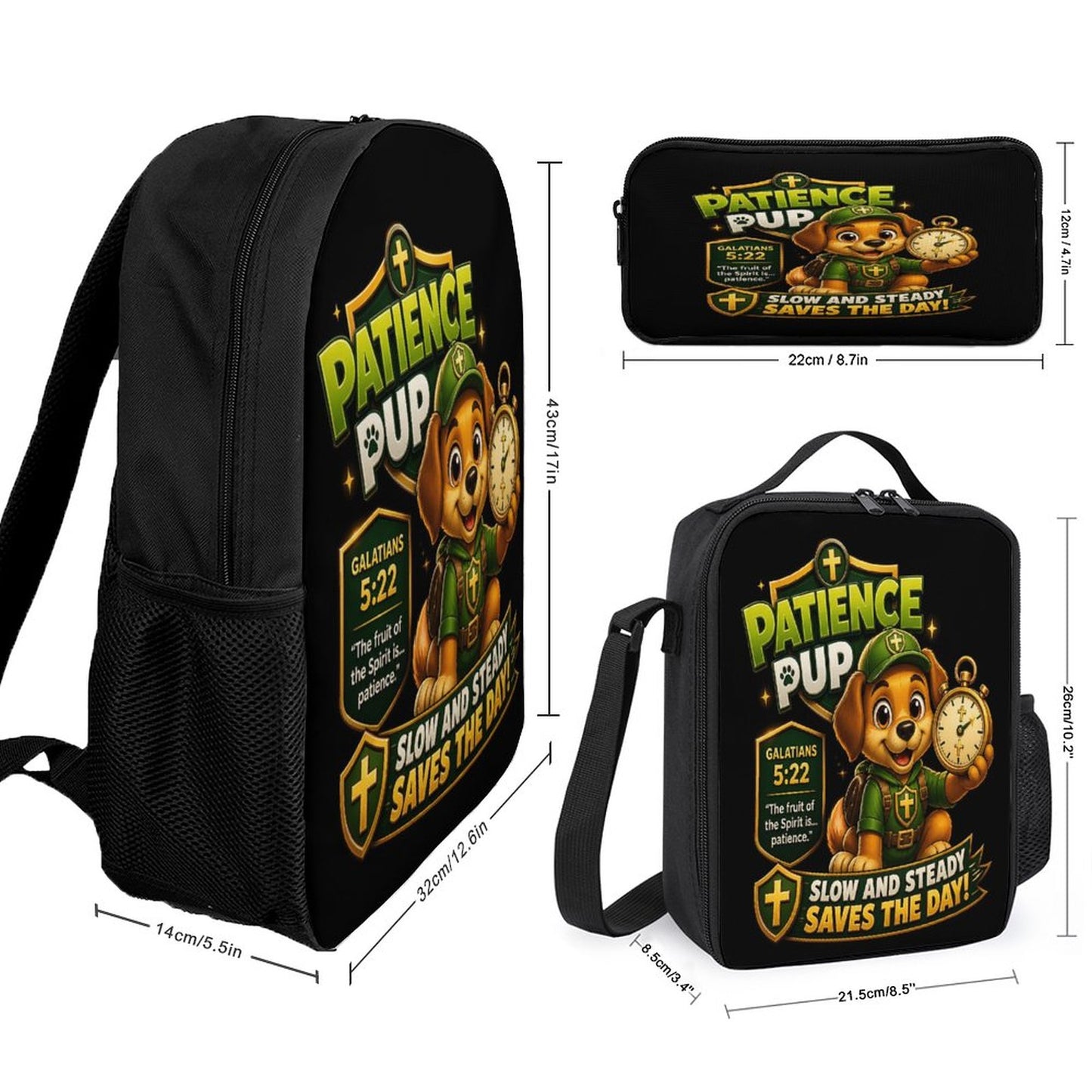 Patience Pup Christian 3 PCS Bag Set (Backpack, Lunch Bag and Pencil Case) - ClaimedbyGodDesigns