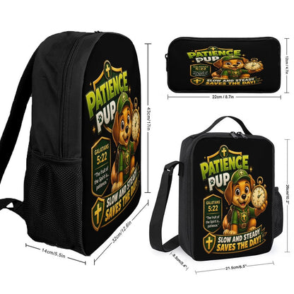 Patience Pup Christian 3 PCS Bag Set (Backpack, Lunch Bag and Pencil Case) - ClaimedbyGodDesigns
